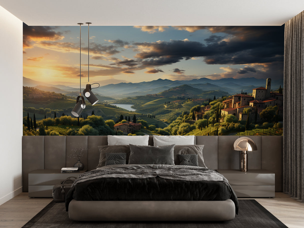 Tuscan sunset wallpaper making bedroom feel bigger and brighter