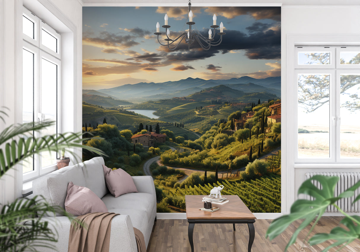 Italian countryside mural in hallway creating visual depth