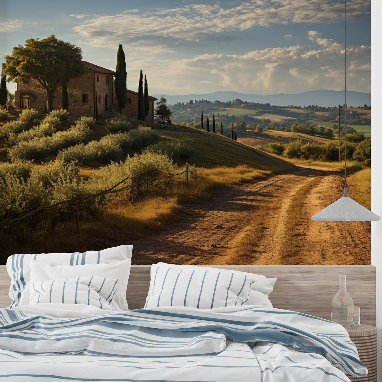 Tuscan countryside wallpaper creating depth in modern living room with natural light