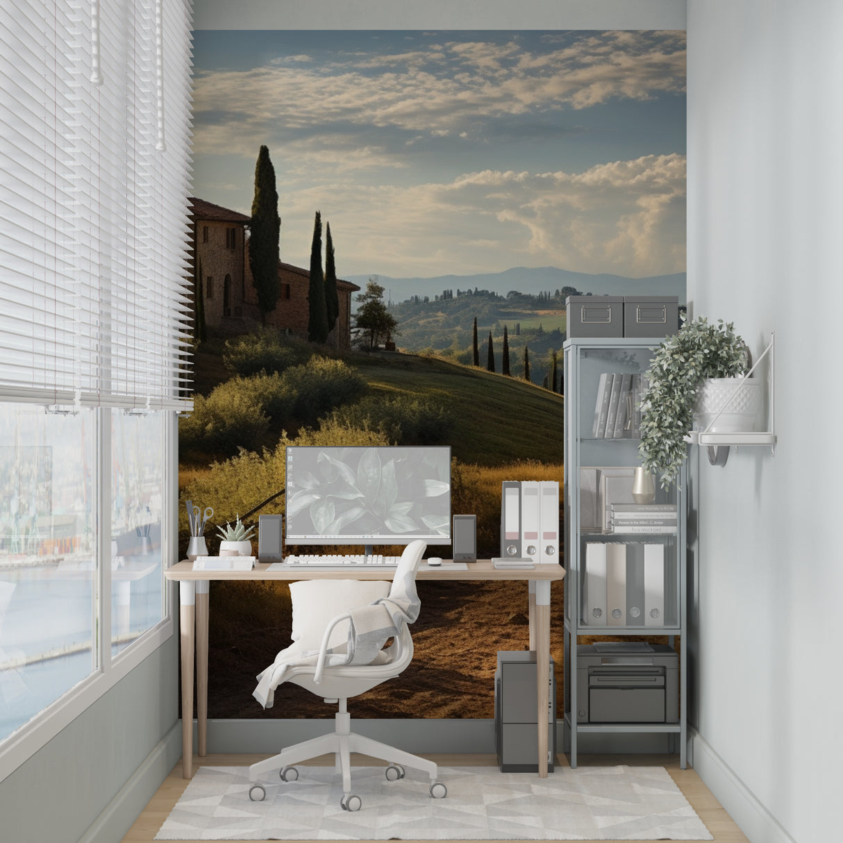 Italian villa mural in cozy dining room setting with warm lighting