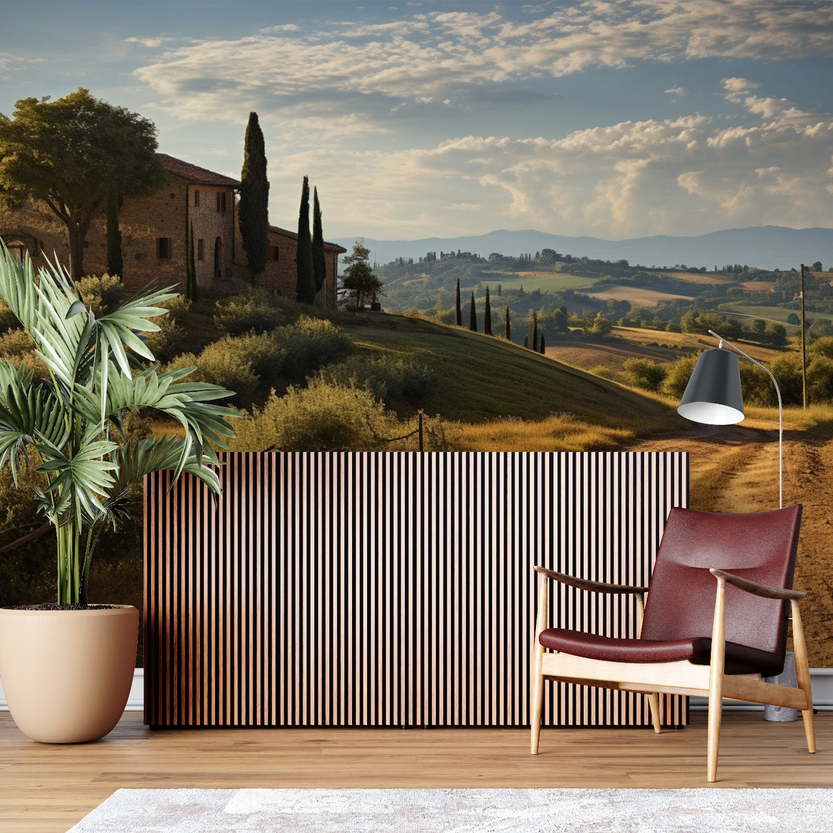 Tuscan villa wallpaper making hallway feel more open and bright