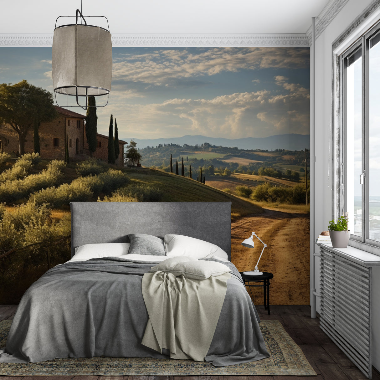 Italian countryside mural adding warmth to bedroom decor