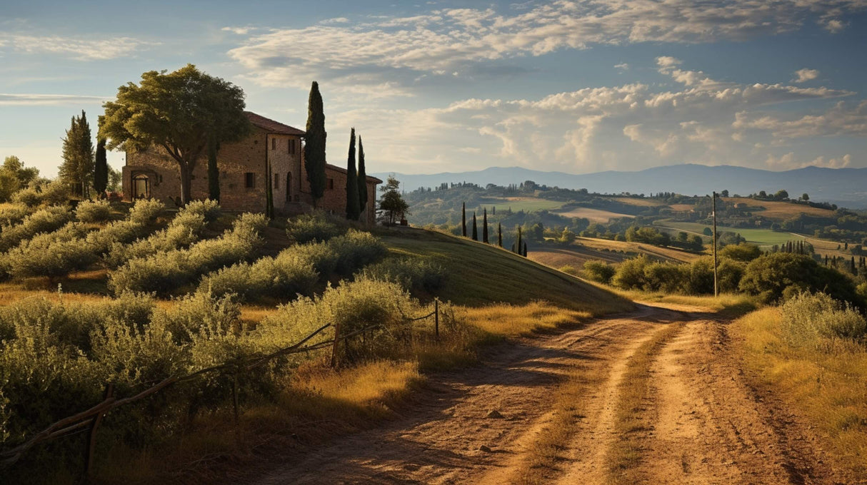 High-resolution design file of Tuscan villa landscape with cypress trees and rolling hills