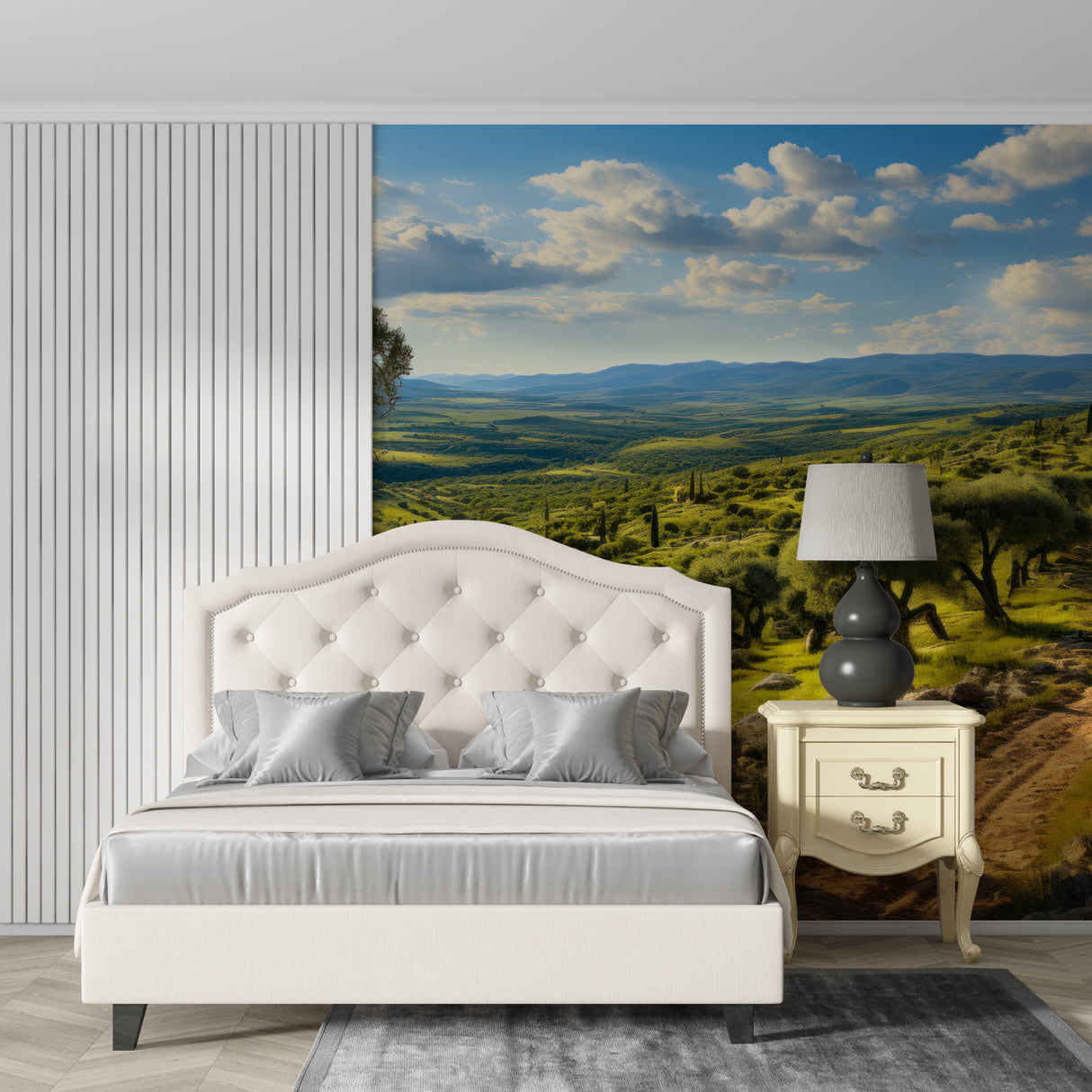 Mediterranean landscape wallpaper in modern living room showing Tuscan countryside vista with olive trees