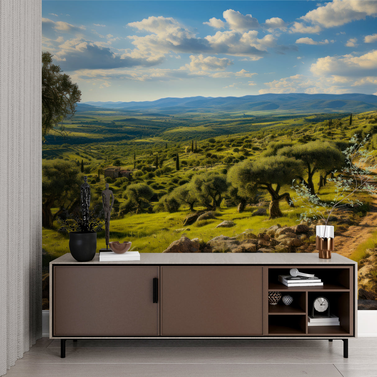 Tuscan vista wallpaper creating depth in dining room with Mediterranean landscape