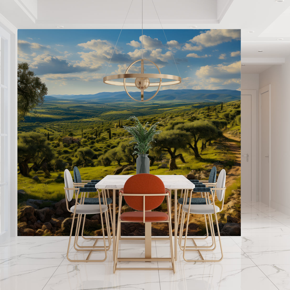 Italian countryside wallpaper transforming home office with panoramic Tuscany view