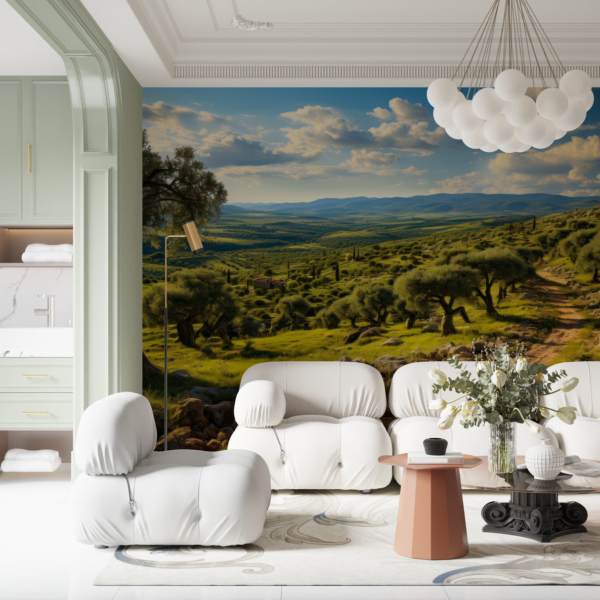 Mediterranean mural wallpaper in bedroom showcasing rolling hills and olive groves
