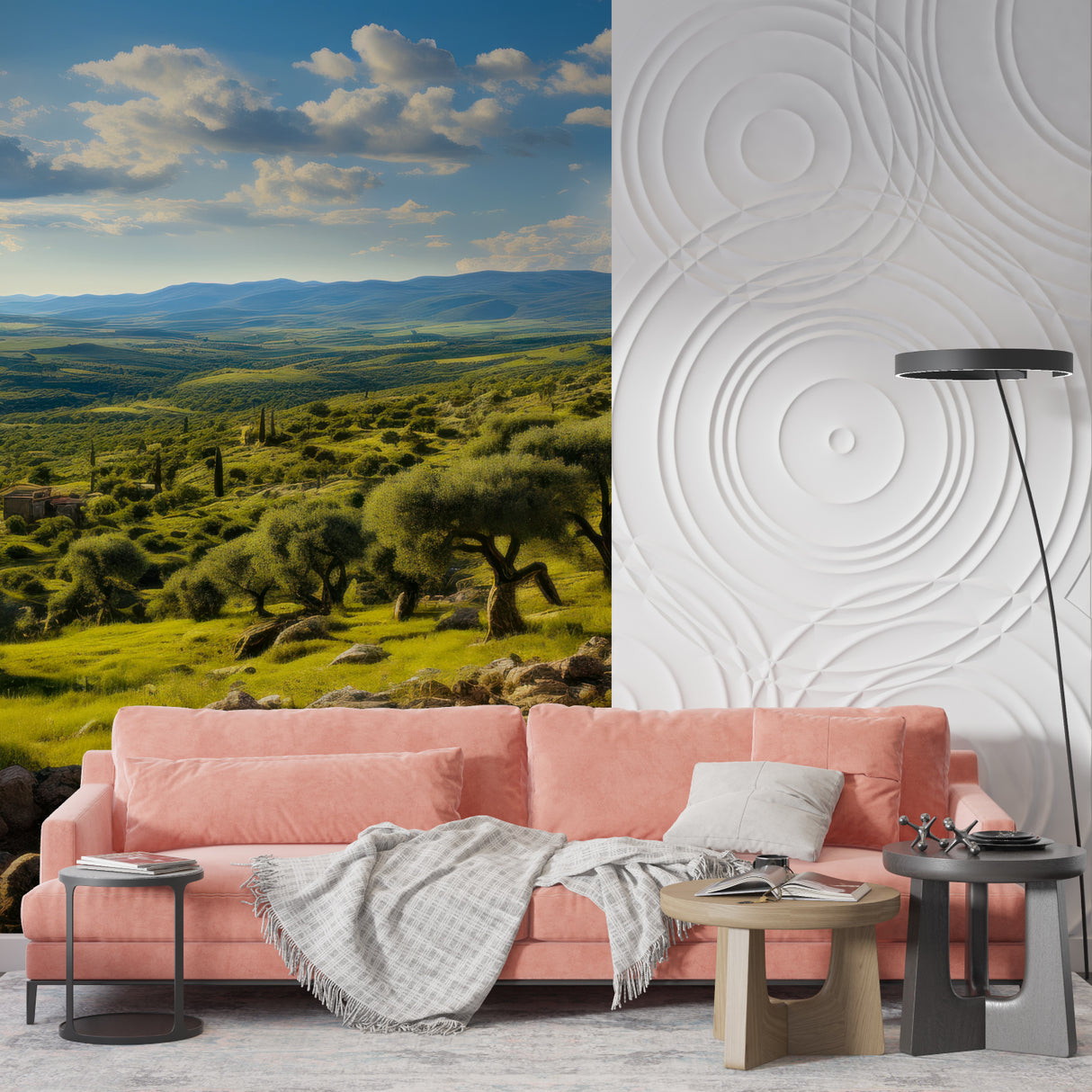 Tuscan landscape wallpaper enhancing restaurant ambiance with authentic Italian scenery