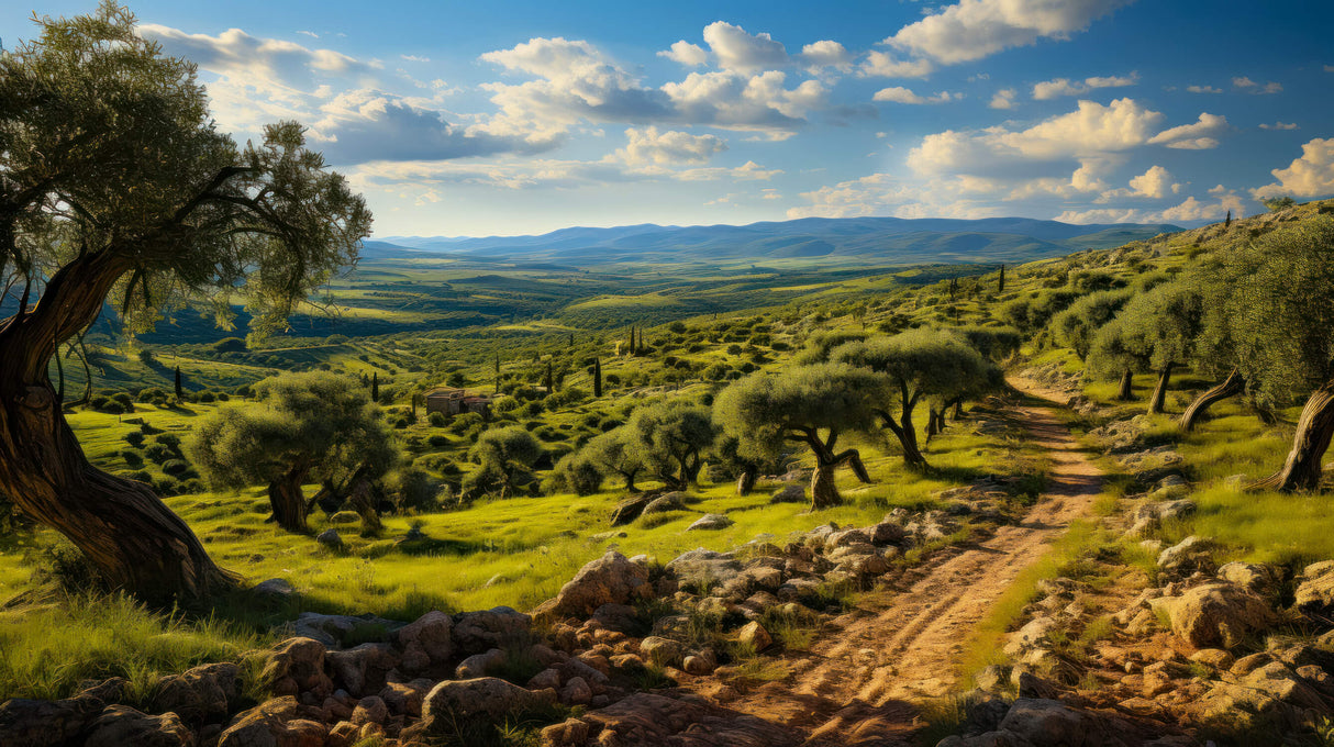 Mediterranean landscape design file showing detailed Tuscan countryside with olive trees and rolling hills