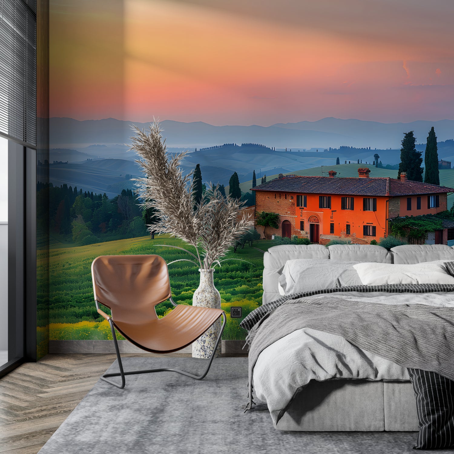 Tuscan landscape wallpaper creating depth in a modern dining room with warm sunset tones