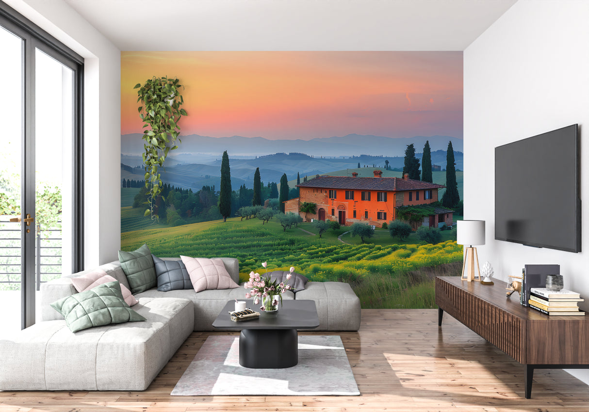 Tuscan sunset mural adding warmth to a home office setting
