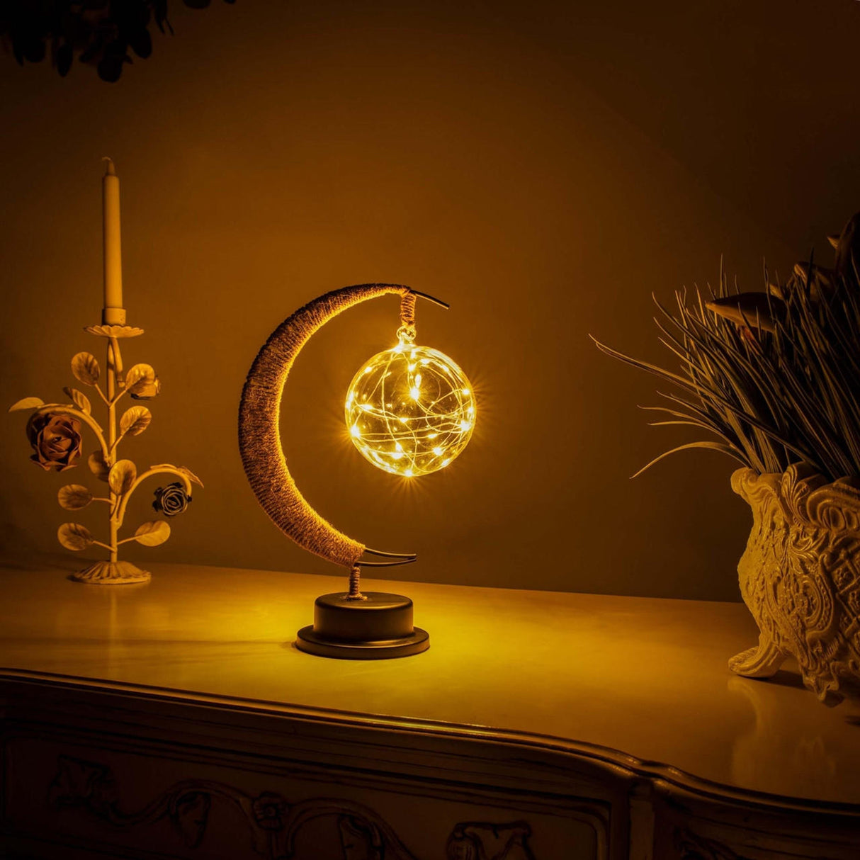 Crescent Moon Table Lamp Glass Globe LED Display - Detailed view
