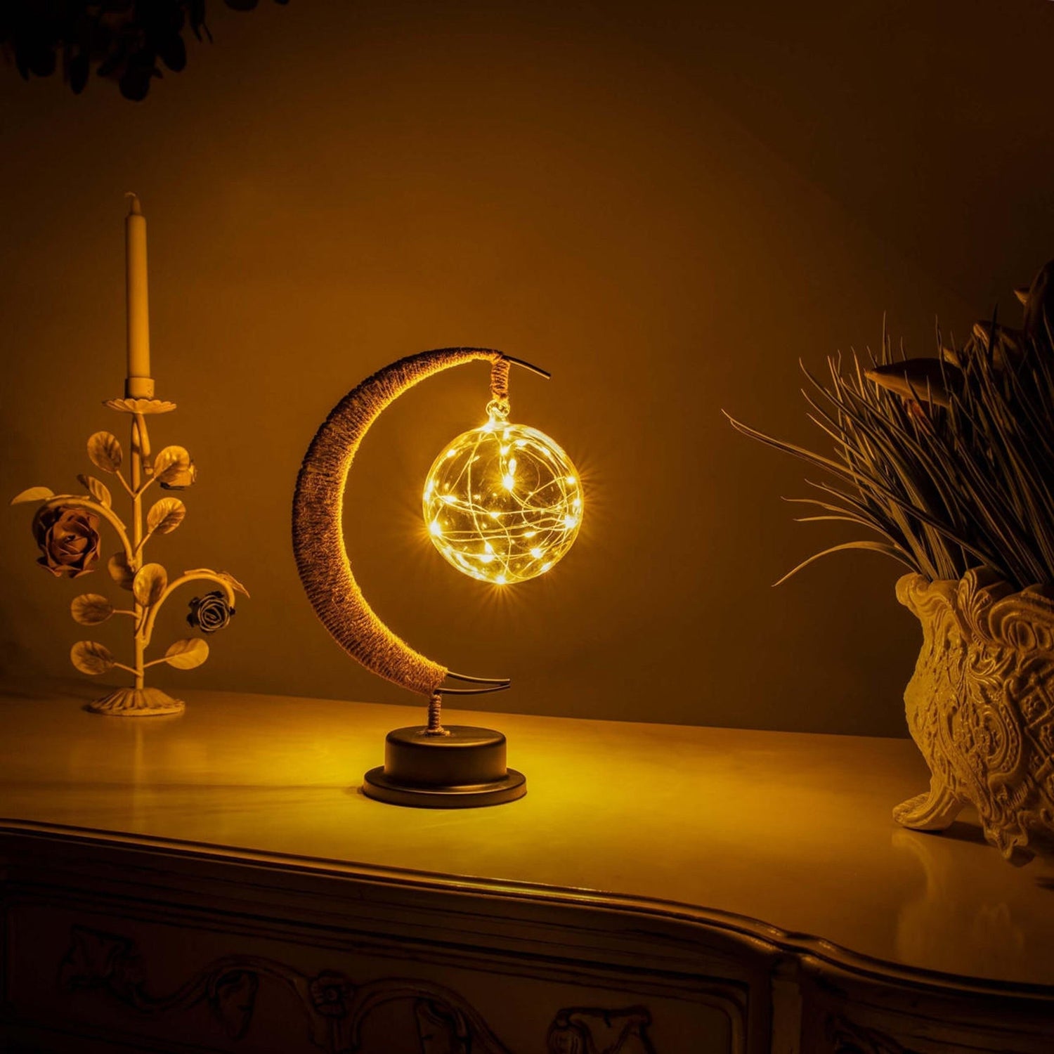 Crescent Moon Table Lamp  Glass Globe LED Night Light - Product showcase