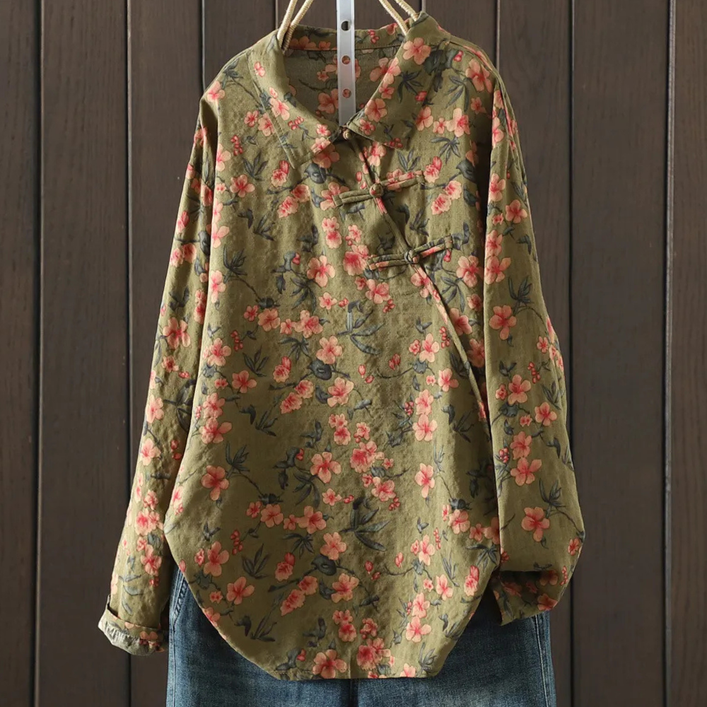 Floral Cotton Blouse Olive Green Botanical Print - Product detail 4