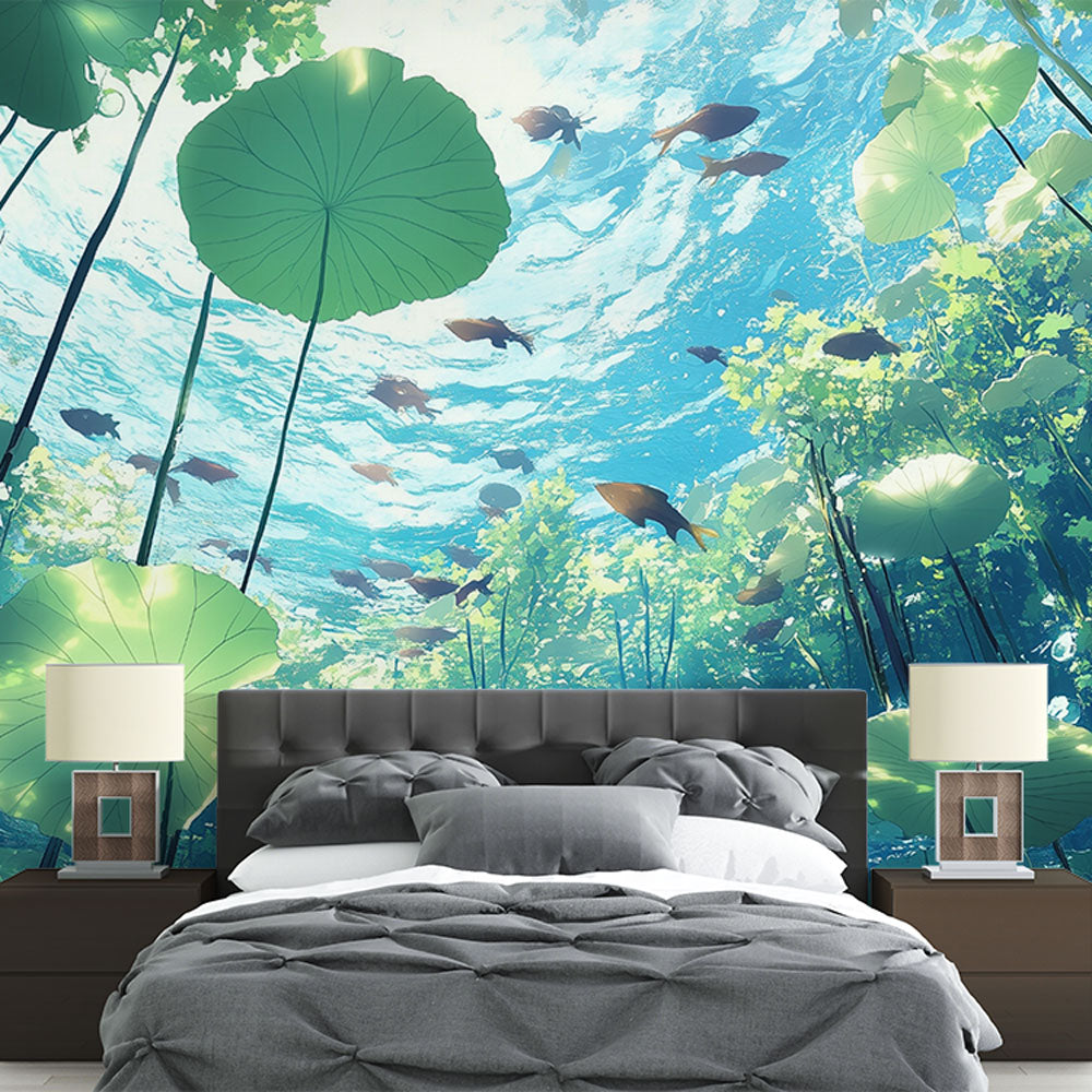 Underwater Mural Wallpaper creating a serene atmosphere in a modern living room, fish and lotus leaves dancing on the wall