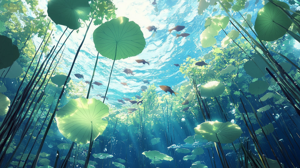 Underwater wallpaper design file showing detailed lotus leaves and swimming fish pattern