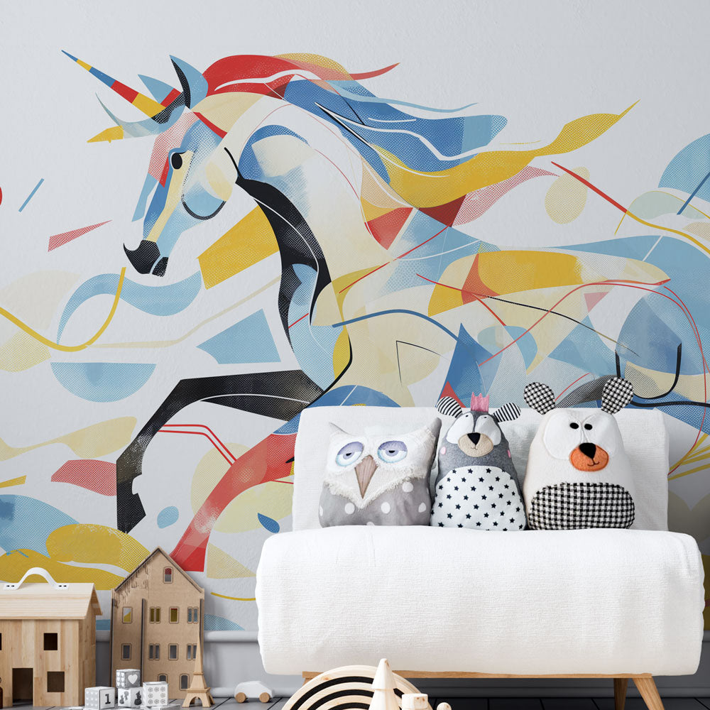 Modern Geometric Unicorn Wallpaper bringing magic to a bright kids bedroom with colorful abstract shapes