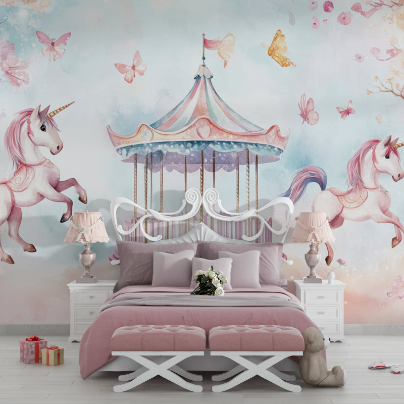 Unicorn carousel wallpaper in a bright nursery showing soft pink and blue tones, perfect for creating a dreamy atmosphere