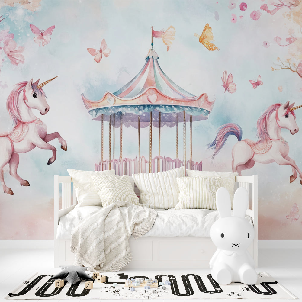 Magical unicorn wallpaper displayed in a girl's bedroom with matching decor and soft lighting