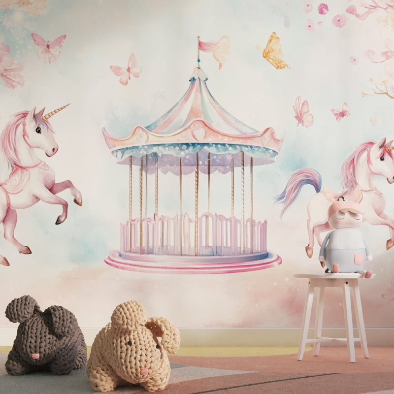 Fantasy carousel wallpaper creating a focal point in a modern playroom setting