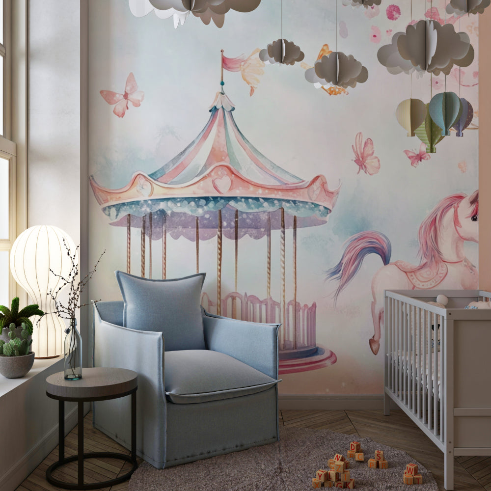 Unicorn mural wallpaper showcased in a reading nook with natural lighting