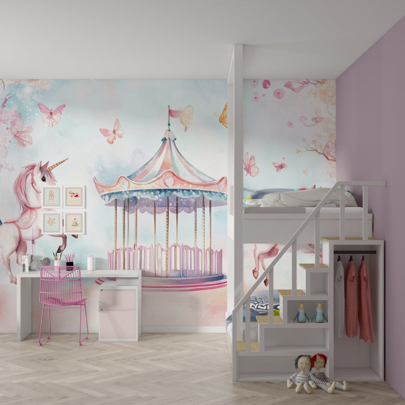 Carousel unicorn wallpaper bringing magic to a toddler's bedroom with contemporary furniture