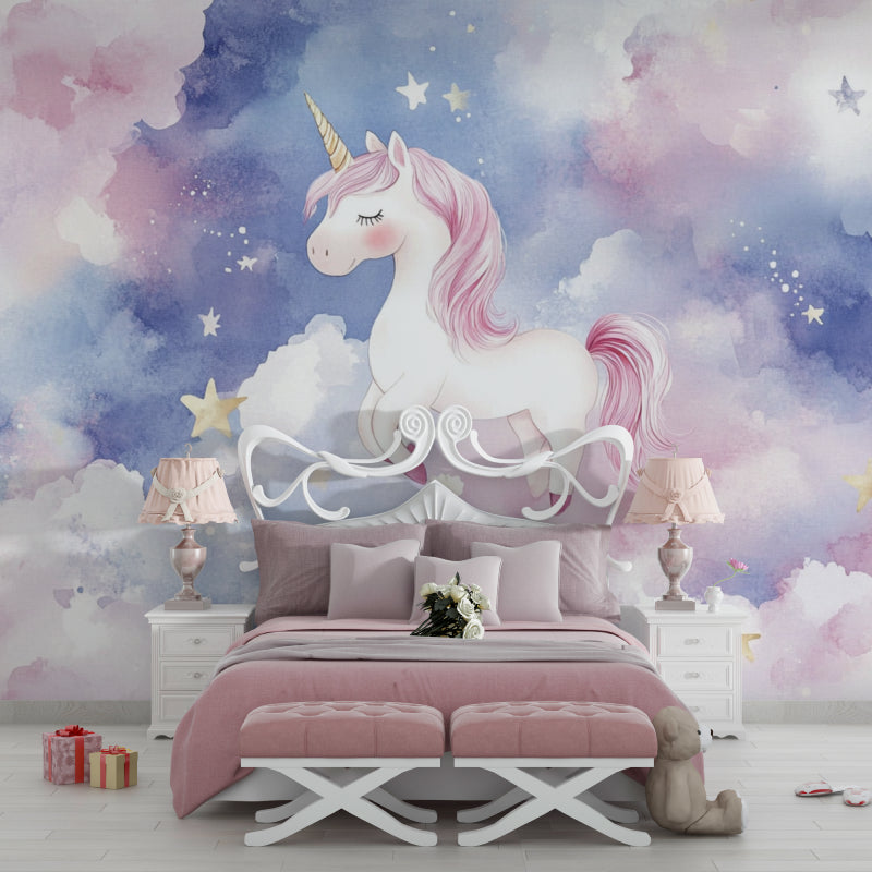 Unicorn wallpaper in a cozy nursery with soft lighting and matching pink curtains