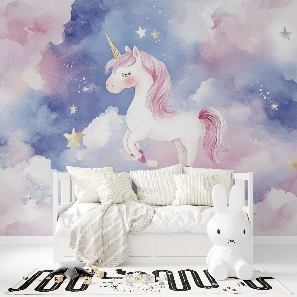 Magical unicorn mural in a girl's bedroom with white furniture