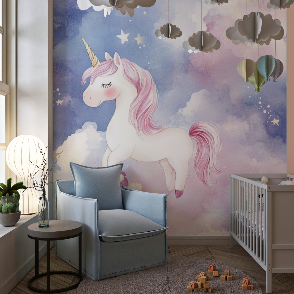 Pink and blue unicorn wallpaper creating magic in a playroom