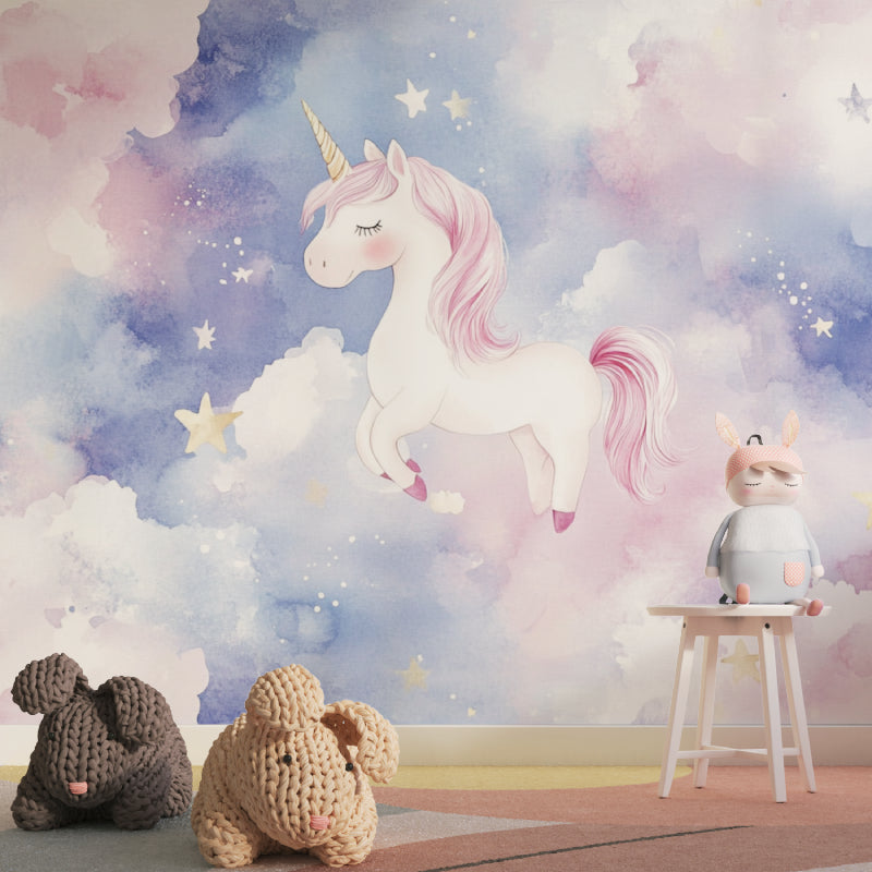 Dreamy unicorn wall mural in a reading nook with fairy lights