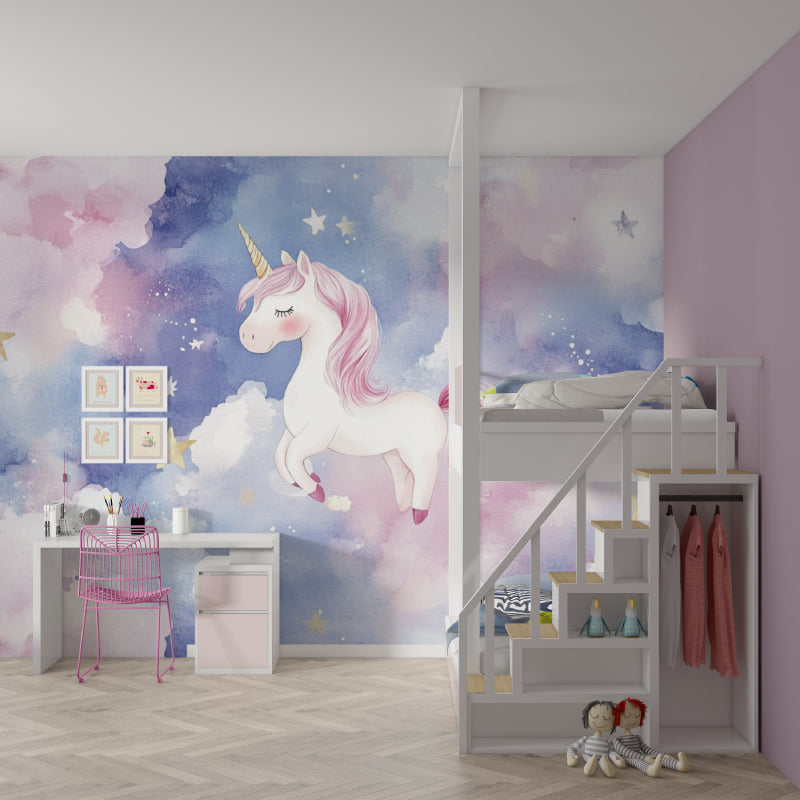 Unicorn wallpaper brightening up a modern kids bedroom