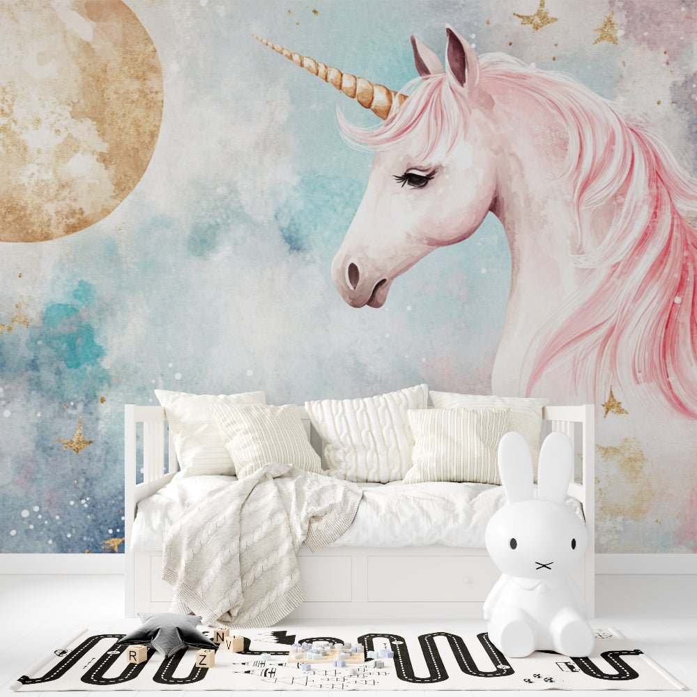 Magical unicorn wall mural brightening up a cozy reading nook with golden accents