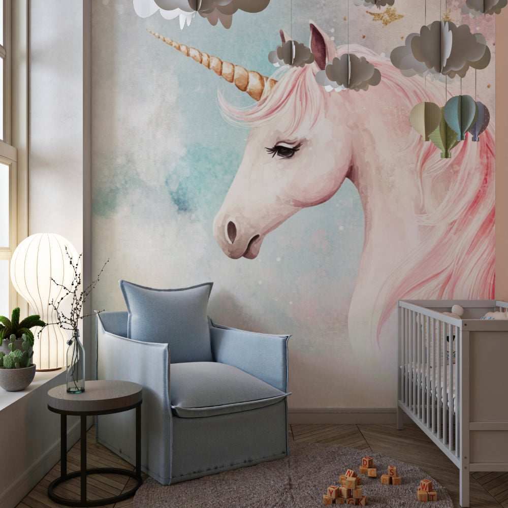 Dreamy unicorn wallpaper transforming a girl's playroom with pink and gold details
