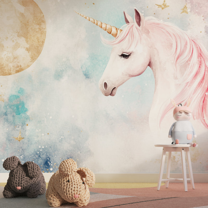 Pink unicorn mural wallpaper adding enchantment to a nursery with moon elements