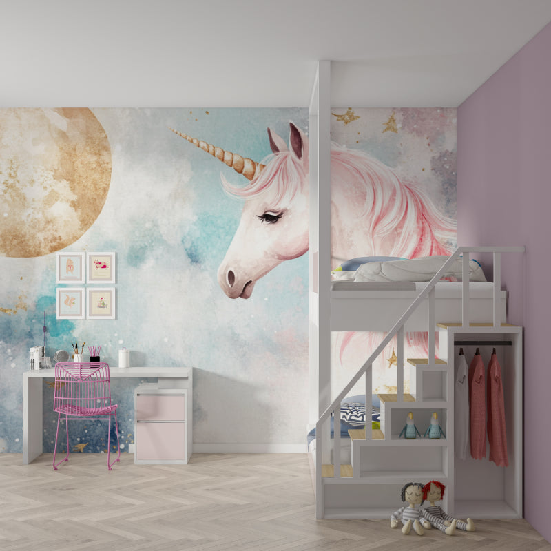 Unicorn wall design showcasing magical effects in a modern kids bedroom