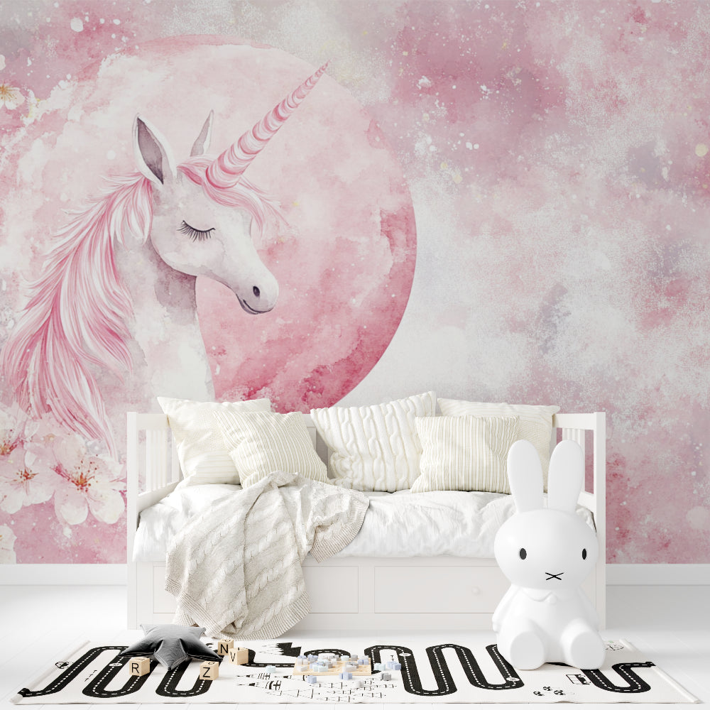 Pink unicorn mural bringing magic to a girl's bedroom with cozy reading nook