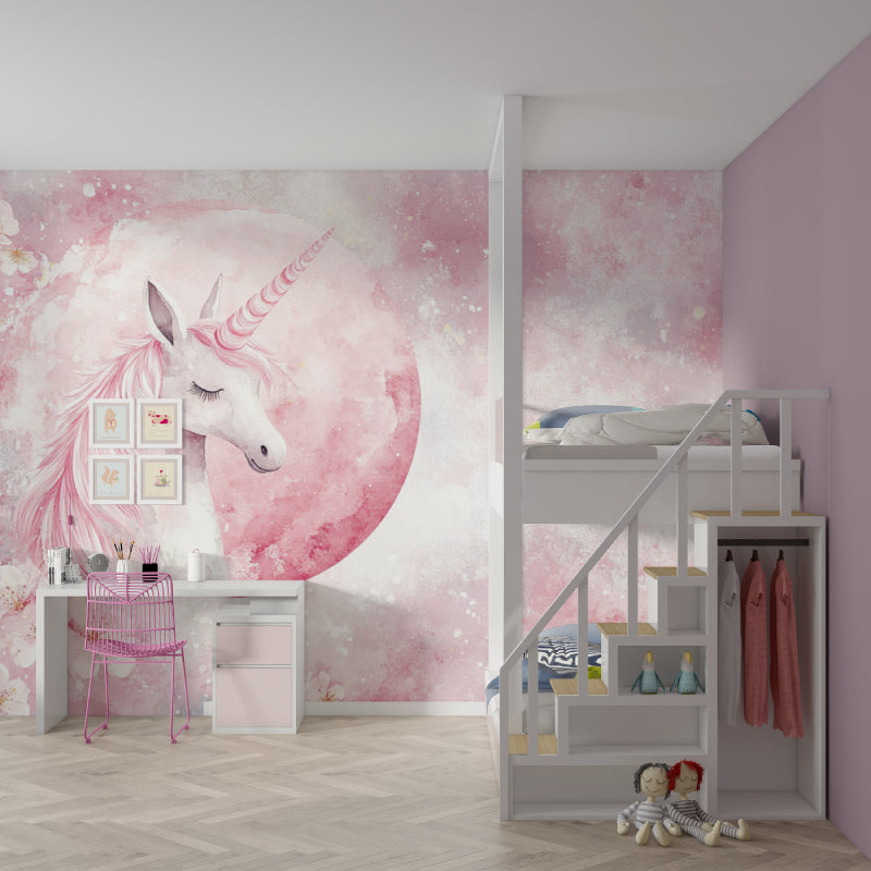 Pink moon unicorn mural creating atmosphere in a child's reading corner