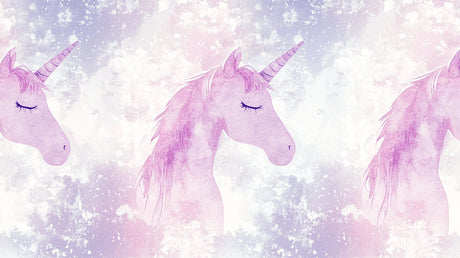 Design file showing detailed pink watercolor unicorn pattern on white background