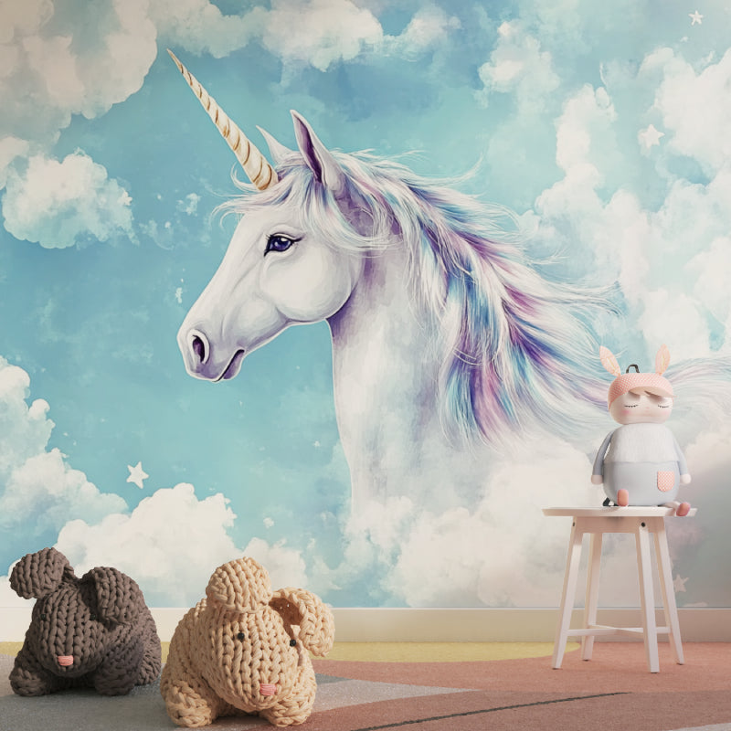 Magical unicorn wallpaper creating wonder in a modern playroom setting