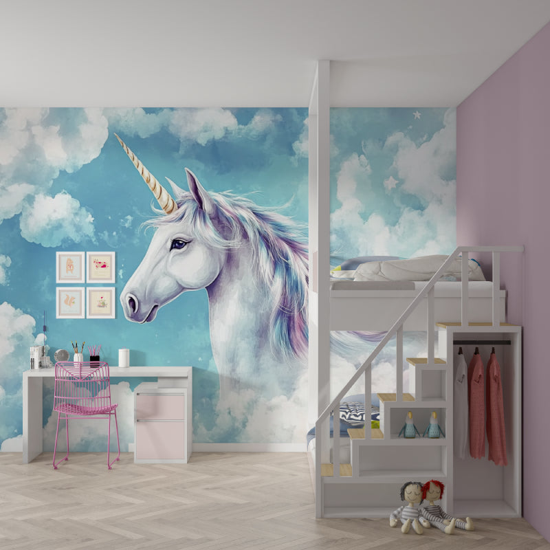 Dreamy unicorn mural transforming a nursery with gentle pastel colors