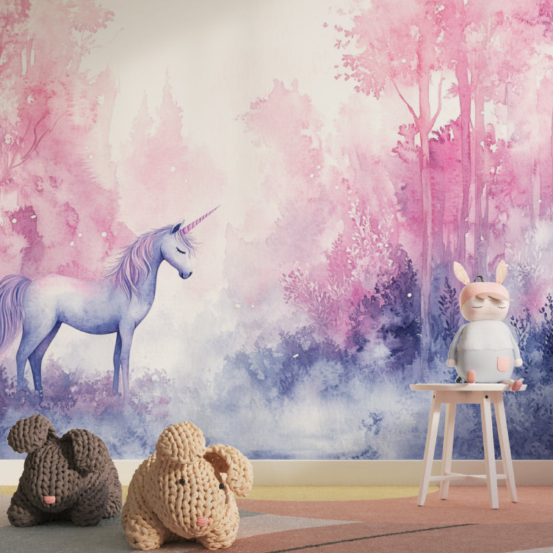 Pink and purple Unicorn Forest Wallpaper transforming a modern kids bedroom with magical atmosphere