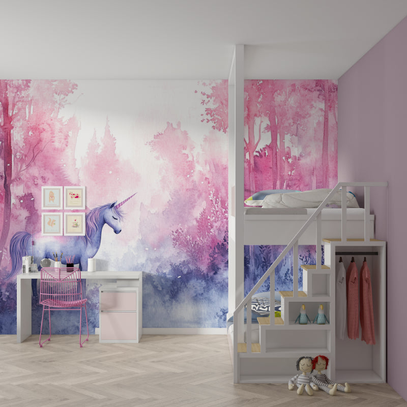 Unicorn Forest Wallpaper creating an enchanted playroom space with soft pink tones
