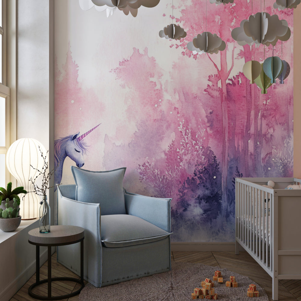 Pink Unicorn Forest Wallpaper showcased in a dreamy nursery setting