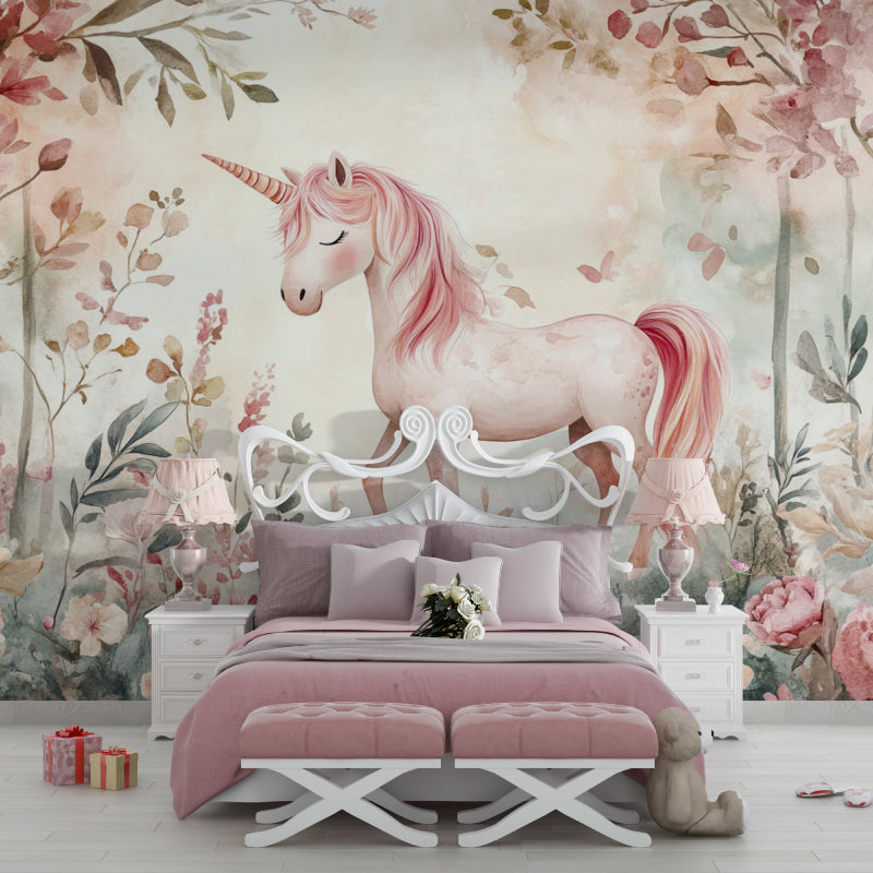 Magical Unicorn Wallpaper in a bright girl's bedroom showing pink floral details
