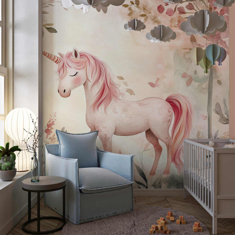 Pink Unicorn Wall Mural displayed in a modern nursery with white furniture