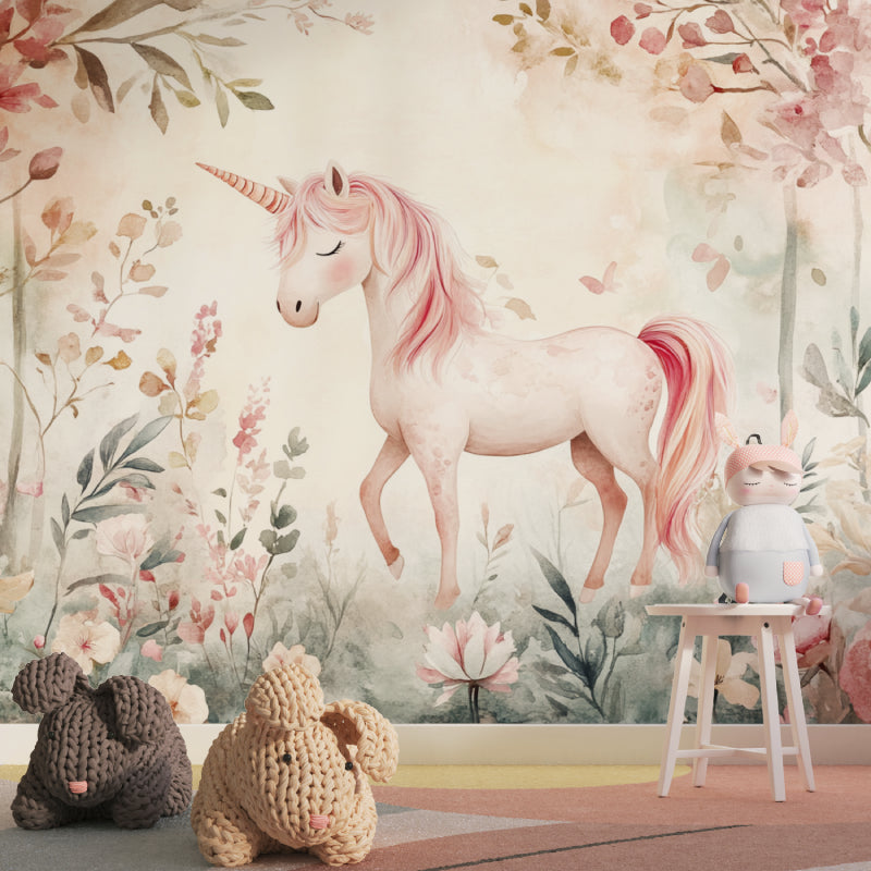 Pink Floral Unicorn Mural in a modern kid's bedroom setting