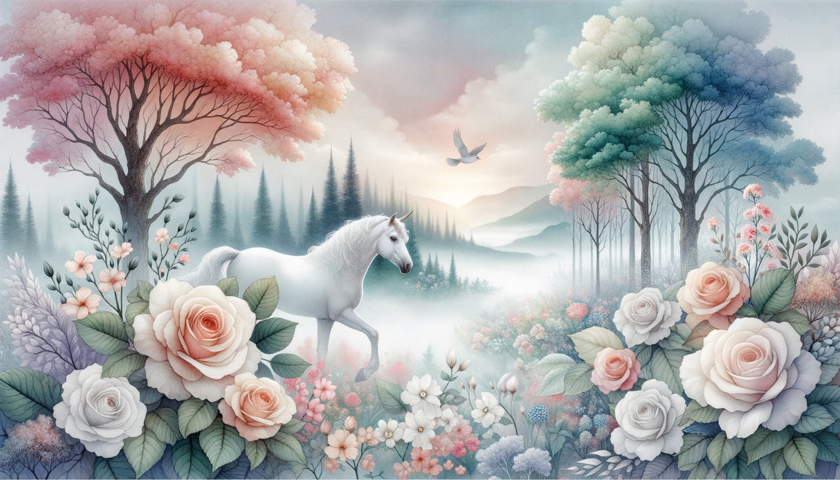Unicorn wallpaper mural in dreamy girl's bedroom with pink and white decor