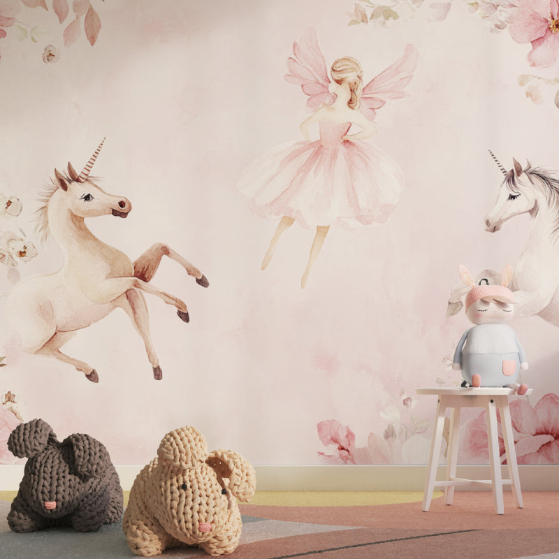 Magical unicorn wall mural creating a cozy reading nook in a girl's playroom