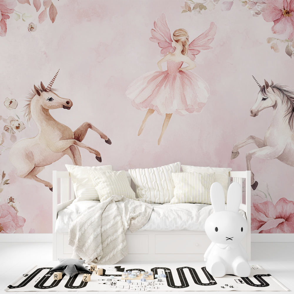 Fairy ballet wallpaper bringing enchantment to a nursery with natural lighting
