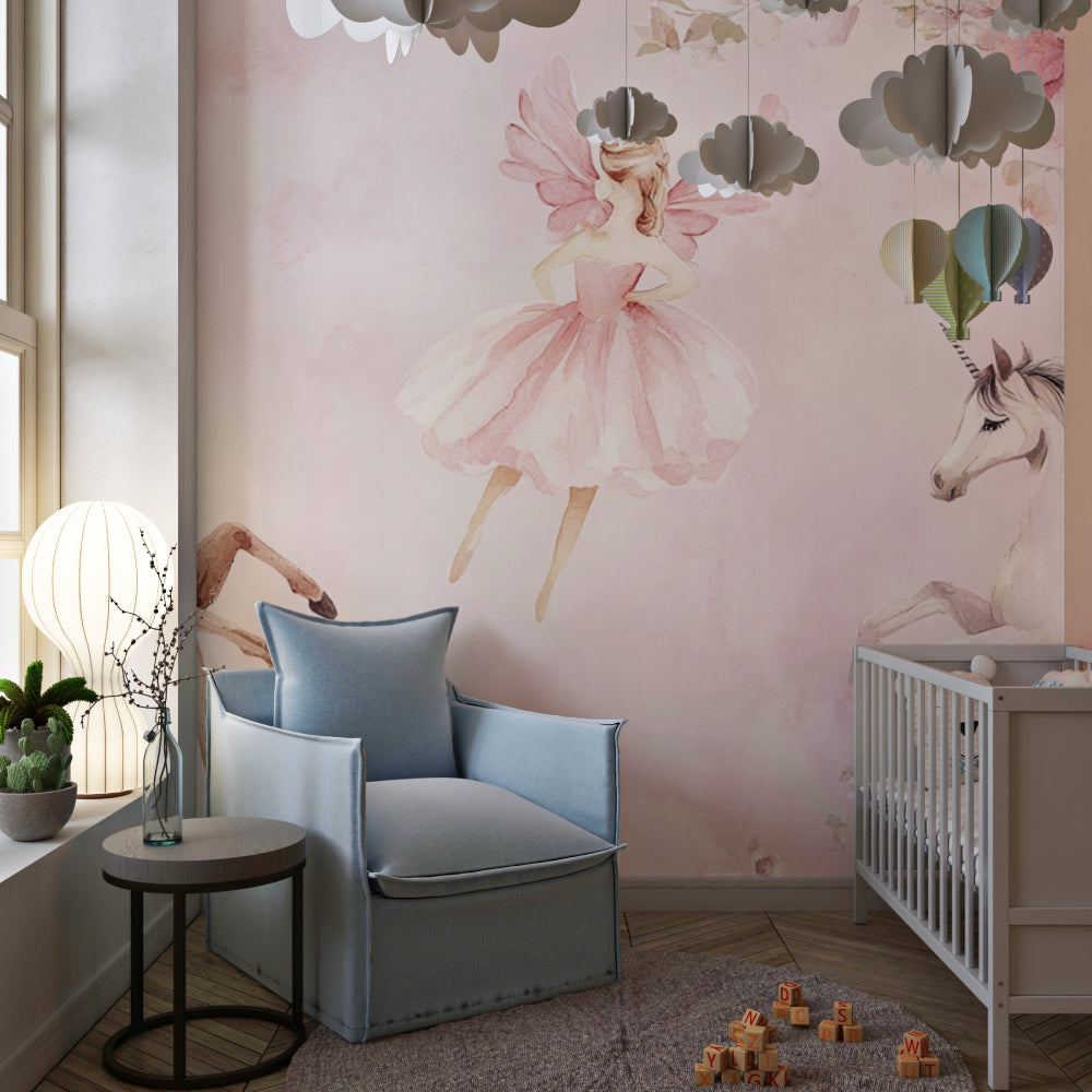 Princess bedroom with unicorn wall mural showcasing the dreamy pink color palette